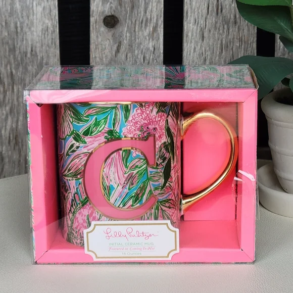 NEW Lilly Pulitzer Floral Ceramic Mug with Letter C Gold Handle - Picture 2 of 5